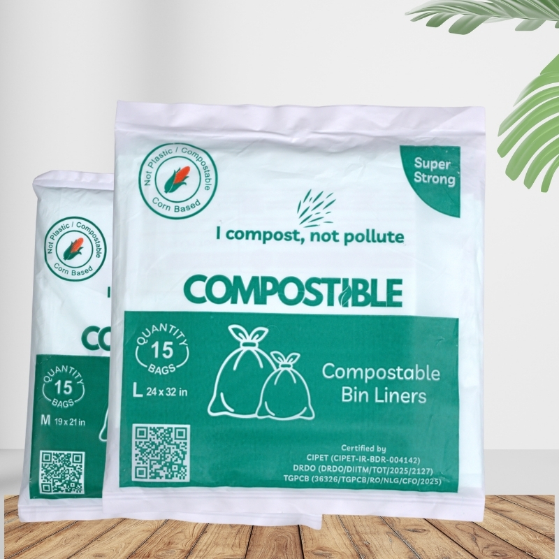 COMPOSTIBLE Regular Bin Liners Bundle Pack | 2 Sizes × 2 Packs (15 Bags Each) – 60 Bags Total | Eco-Friendly Unscented Garbage Bags | Super Strong, Leak-Proof & Tear-Resistant | For Kitchen, Bathroom, Office & Outdoor Use