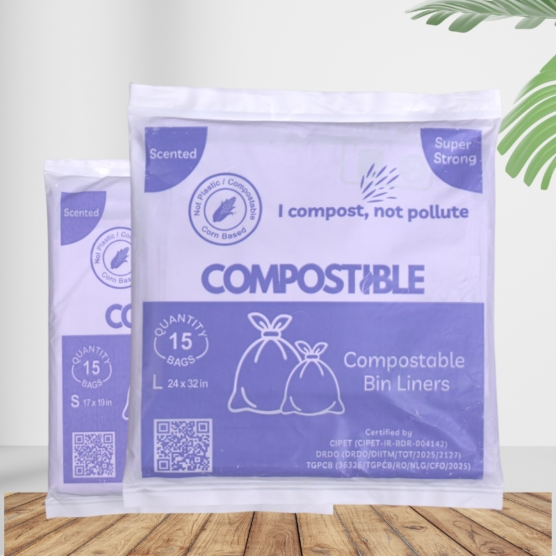 COMPOSTIBLE Scented Bin Liners Bundle Pack | 2 Sizes × 2 Packs (15 Bags Each) – 60 Bags Total | Fresh Fragrance Biodegradable Garbage Bags | Eco-Friendly, Super Strong, Leak-Proof & Tear-Resistant | For Kitchen, Bathroom, Office & Outdoor Use