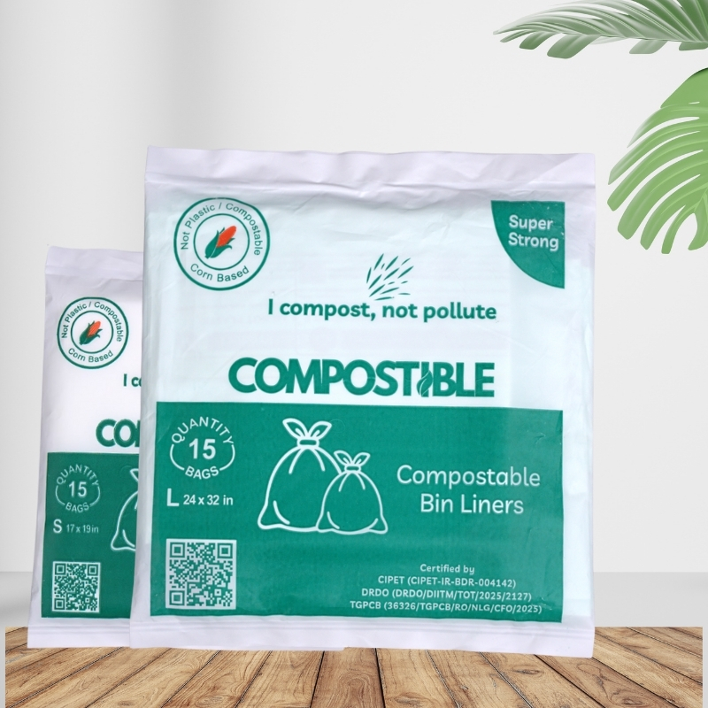 COMPOSTIBLE Regular Bin Liners Bundle Pack | 2 Sizes × 2 Packs (15 Bags Each) – 60 Bags Total | Eco-Friendly Unscented Garbage Bags | Super Strong, Leak-Proof & Tear-Resistant | For Kitchen, Bathroom, Office & Outdoor Use